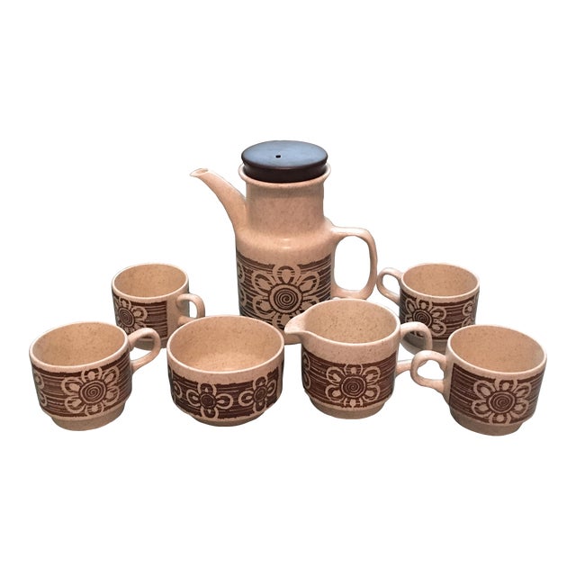 Mid 20th Century English Brown Floral Coffee Set- 7 Pieces For Sale