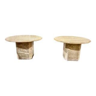 Pair of 1970s Italian Travertine Sculptural Scalloped Pedestal Tables, 27.75" For Sale
