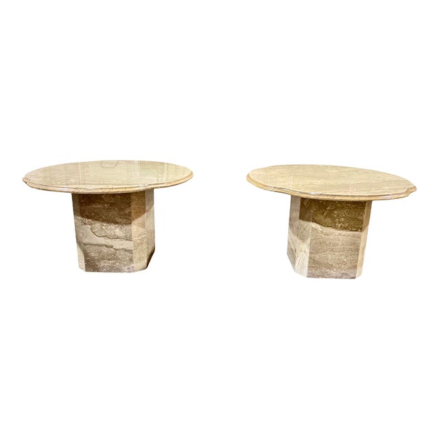 Pair of Vintage 1970s Italian Travertine Scalloped Edge End Tables – 27.75" Diameter For Sale