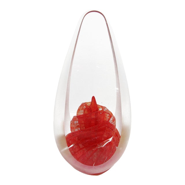 Orient & Flume Red Studio Art Glass Teardrop Sculpture – Signed 1994, Ruby Inclusion For Sale