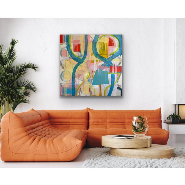 Large Contemporary Abstract Acrylic Painting – Teal, Coral & Yellow Drip Expressionism For Sale - Image 4 of 10