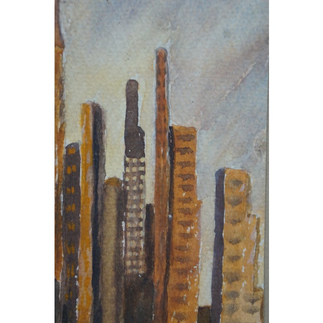Wood Mid Century Helen McRae New York Skyline Watercolor Cityscape Paintings 10" For Sale - Image 7 of 9