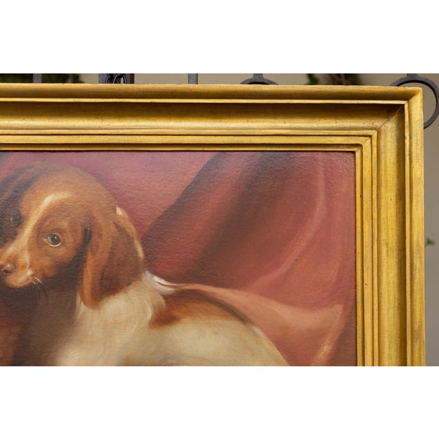 American 1890s Framed Oil on Board Painting Depicting a Dog Lying on a Red Drape For Sale - Image 10 of 12