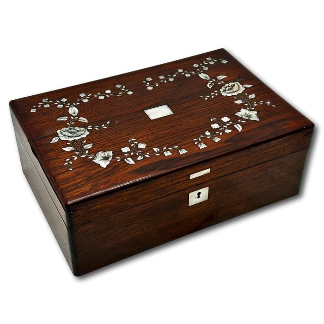 Victorian Outstanding Antique Victorian Rosewood Veneer Sewing Box With Fancy Abalone Seashell Inlay Flowers - Circa 1870s For Sale - Image 3 of 18