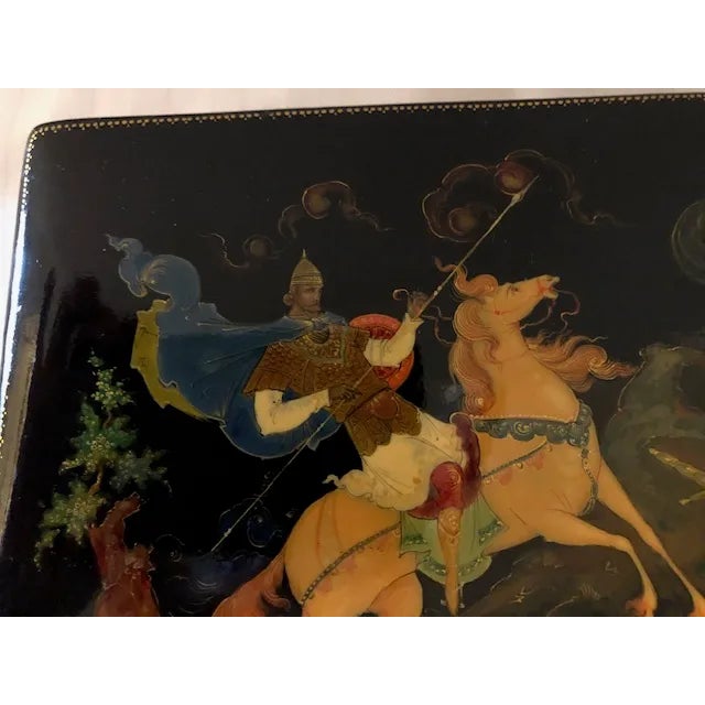 Paper 1960s Palekh Black Lacquer Box With Hand-Painted Fairy Tale Scene For Sale - Image 7 of 13
