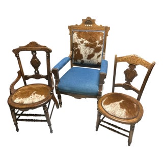 'Desperado Eastlake' 19th Century Parlor Seating Reupholstered in Cowhide and Denim For Sale