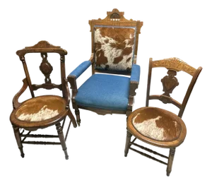 'Desperado Eastlake' 19th Century Parlor Seating Reupholstered in Cowhide and Denim