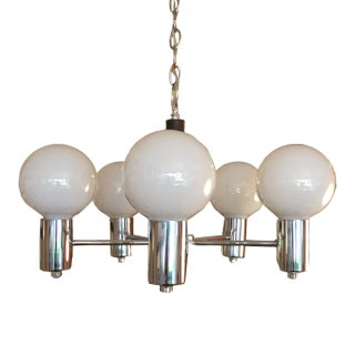 1970s Vintage Chrome and Wood 5 Socket Hanging Light Fixture Chandelier For Sale