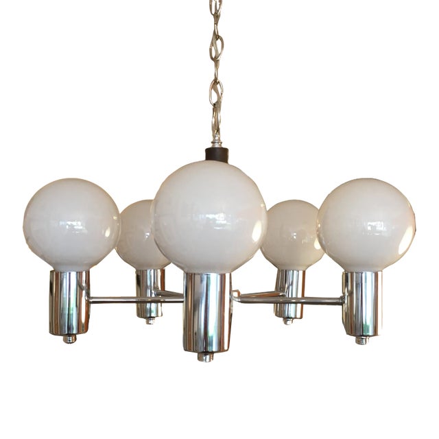 1970s Vintage Chrome and Wood 5 Socket Hanging Light Fixture Chandelier For Sale