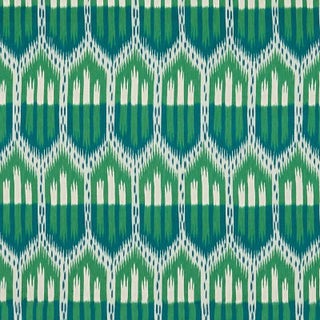 Schumacher Bukhara Ikat Fabric in Emerald & Peacock For Sale