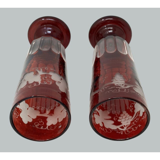 Late 19th Century Antique Bohemian Czechoslovakia Ruby Cranberry Glass Pair Goblets Vases Egermann For Sale - Image 5 of 7
