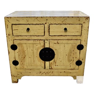 Chinese Wood Painted Cabinet Ming Style Distressed Yellow For Sale