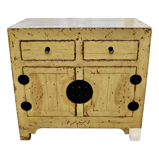 Chinese Wood Painted Cabinet Ming Style Distressed Yellow For Sale