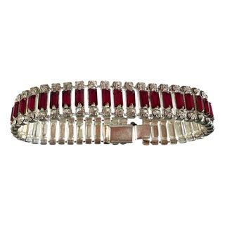 Delicate White Gold Tone Bracelet W/ Faux Ruby Baguette Stones and Diamond For Sale