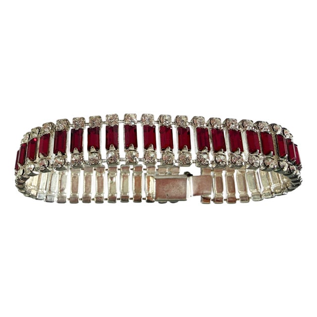 Delicate White Gold Tone Bracelet W/ Faux Ruby Baguette Stones and Diamond For Sale