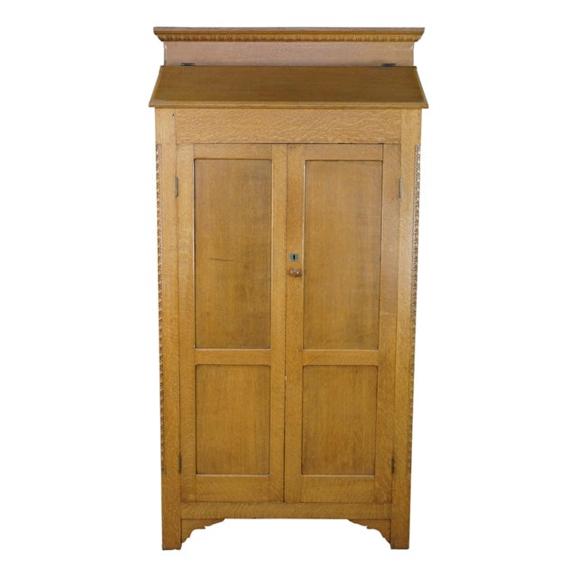 Antique American Victorian Slant Front Cabinet Bookcase Linen Press Wardrobe 75" For Sale