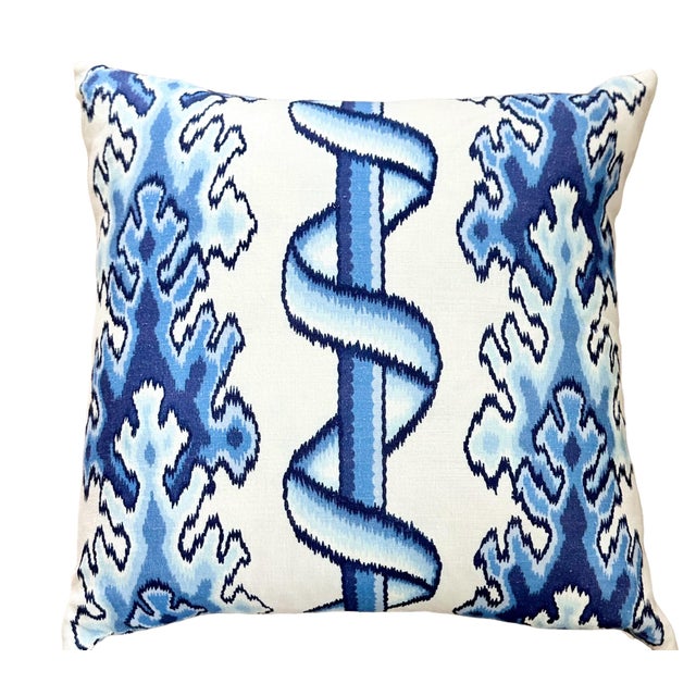 Beautiful blue and white ikat printed pillows. Double sided. 22x22 (Pair / Set of 2) 95% Feather 5% Down Inserts Included.