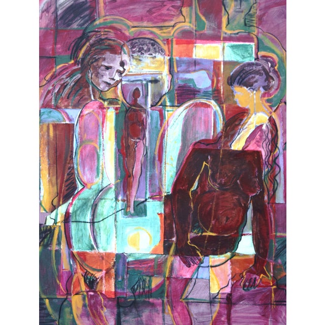 Modern Large Cubist Influenced Figurative Mixed Media Painting Circa 1990 For Sale - Image 3 of 9