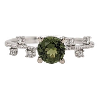 Round Green Tourmaline Ring With Diamond Accents: Solid 14k White Gold, 5.5mm, Size 6.75 For Sale