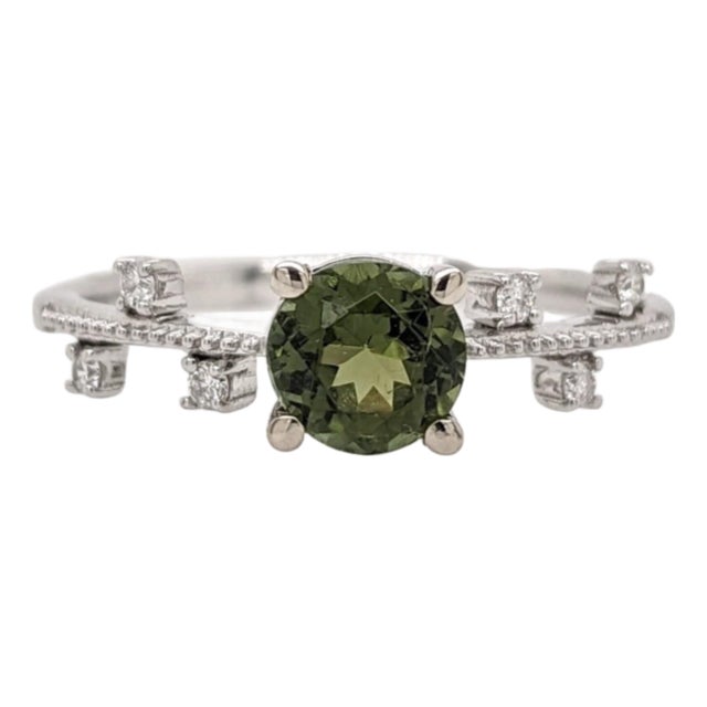 Round Green Tourmaline Ring With Diamond Accents: Solid 14k White Gold, 5.5mm, Size 6.75 For Sale
