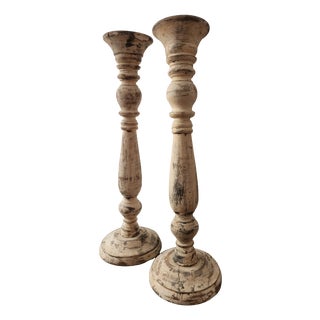 Antique Country House Shabby Chic Wooden Candleholders for Pillar Candles, France, 1950s For Sale