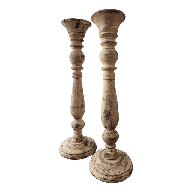 Antique Country House Shabby Chic Wooden Candleholders for Pillar Candles, France, 1950s For Sale