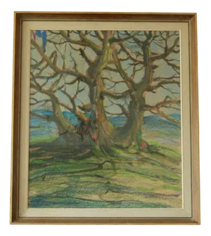 Hans Tombrock, Old Tree, 1950s, Mixed Media on Pasted Paper, Framed