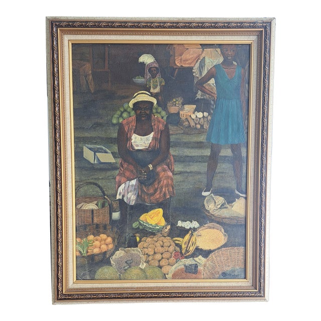 1967 Original Oilpainting African Women Selling in market.by Marion Campbell,Nesheim, Framed For Sale