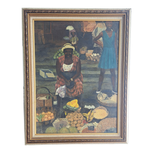 1967 Original Oilpainting African Women Selling in market.by Marion Campbell,Nesheim, Framed