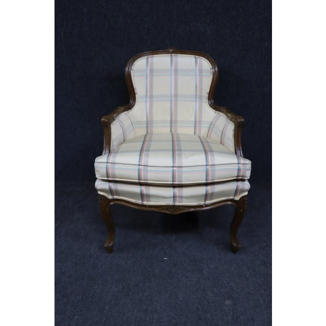 Off white and plaid French style bergere in Walnut carved frames