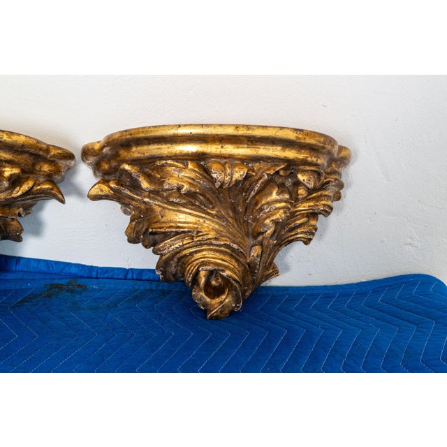 1920s Baroque Revival Water Gilt Wall Brackets, Carved Wood, Pair For Sale - Image 9 of 13