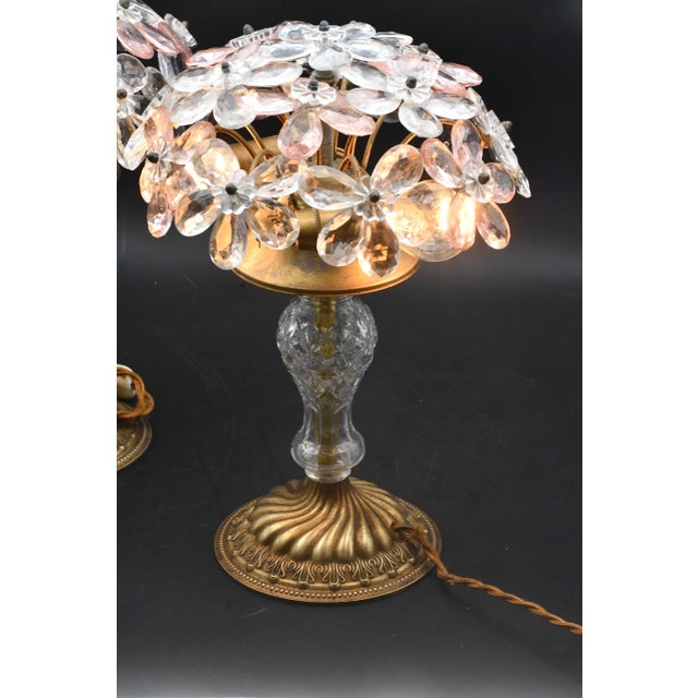 Italian Set of 2 Larg Table Lamp Crystal Glass Flower Pink and Crystal, Brass Base, 1960 For Sale - Image 3 of 11
