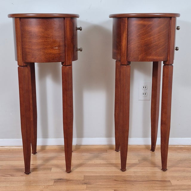 Brown 2000s Petite Oval Cherry & Burl Wood Inlay Traditional Side Tables Nightstands W/ Single Drawers, a Pair For Sale - Image 8 of 12