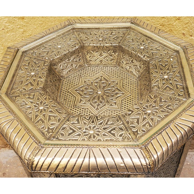 Moroccan Octagonal Metal Inlaid Tall Side Table, Silver For Sale - Image 4 of 6