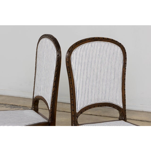 French Louis XVI Style Walnut Dining Chairs, Blue Striped Linen Upholstery – Set of 6 For Sale - Image 16 of 18