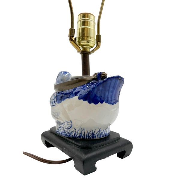 Asian Blue & White Ceramic Teapot Table Lamp With Silk Shade For Sale - Image 10 of 11