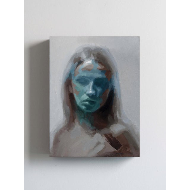 In "Cascade," a figure emerges with an ethereal quality, their features softened by fluid brushwork and a cool color...
