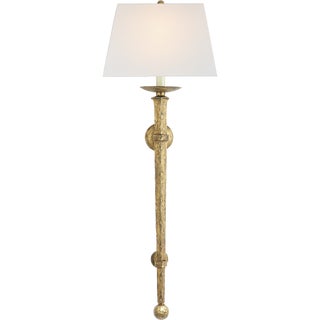 Chapman & Myers for Visual Comfort Signature Long Iron Torch in Gilded Iron with Linen Shade For Sale
