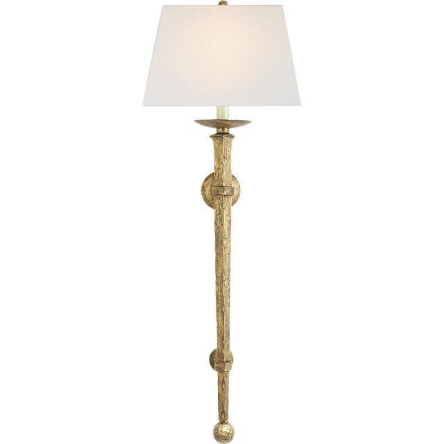 Chapman & Myers for Visual Comfort Signature Long Iron Torch in Gilded Iron with Linen Shade For Sale