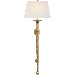 Chapman & Myers for Visual Comfort Signature Long Iron Torch in Gilded Iron with Linen Shade