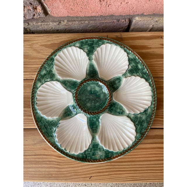 Vintage 1950s French Longchamp Green and White Oyster Plate For Sale - Image 15 of 16