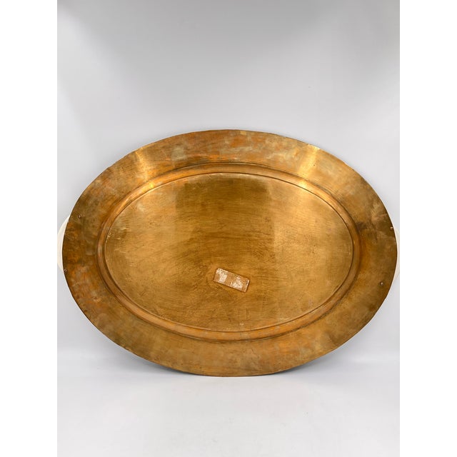 Vintage Italian Hollywood Regency Oval Statement Size Brass Tray With Faux Boar Tusk Handles and Cross Strap Trim For Sale - Image 13 of 16