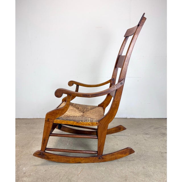 Early 19th Century American Primitive Tiger Maple and Rush Rocking Chair For Sale - Image 4 of 12