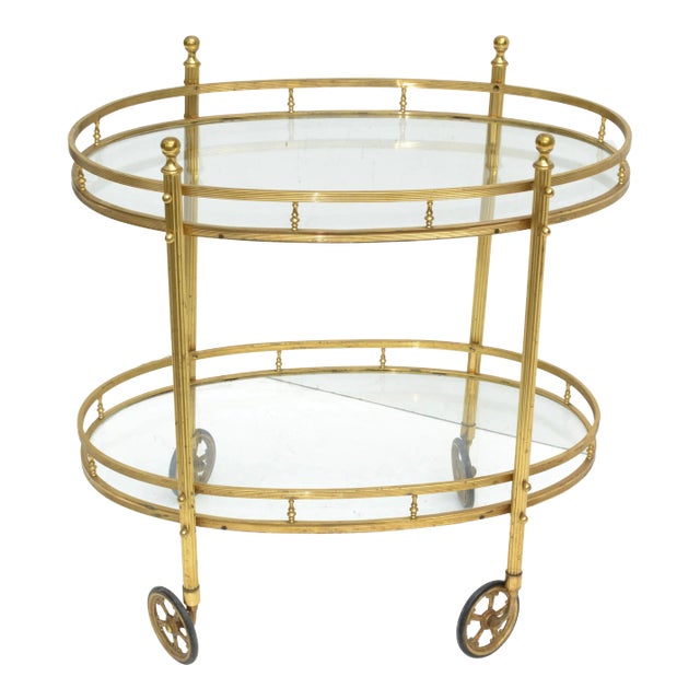 Maison Bagués 2 Tier Oval Brass & Glass Bar Cart Mid-Century Modern France 1950 For Sale