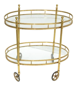Maison Bagués 2 Tier Oval Brass & Glass Bar Cart Mid-Century Modern France 1950