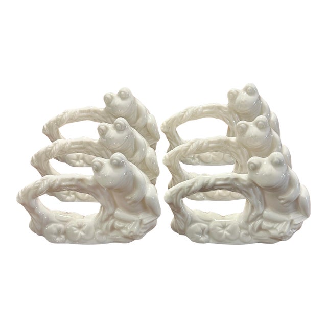Vintage White Porcelain Frog Motif Napkin Rings From Dh Holmes New Orleans- A Set of 6 For Sale