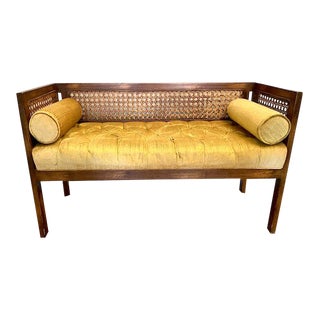 Mid Century Caned Velvet Bench For Sale