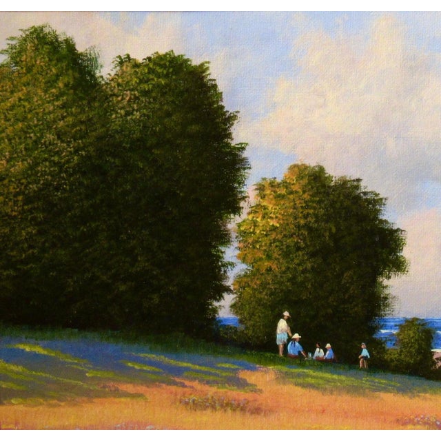 This artwork titled "The Picnic" c.1990, is an oil painting on canvas board by Irish artist Val McGann, 1928-2016. It is...