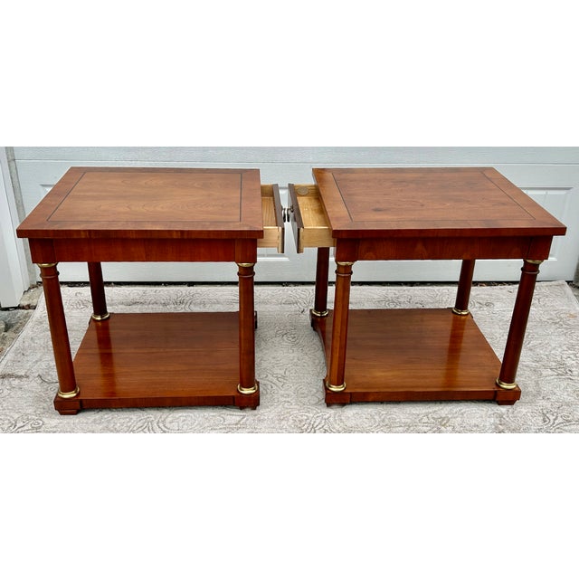 Vtg. Baker Pair of Regency Style Cherry Side Tables W/Inlay & Brass Trim For Sale - Image 10 of 16