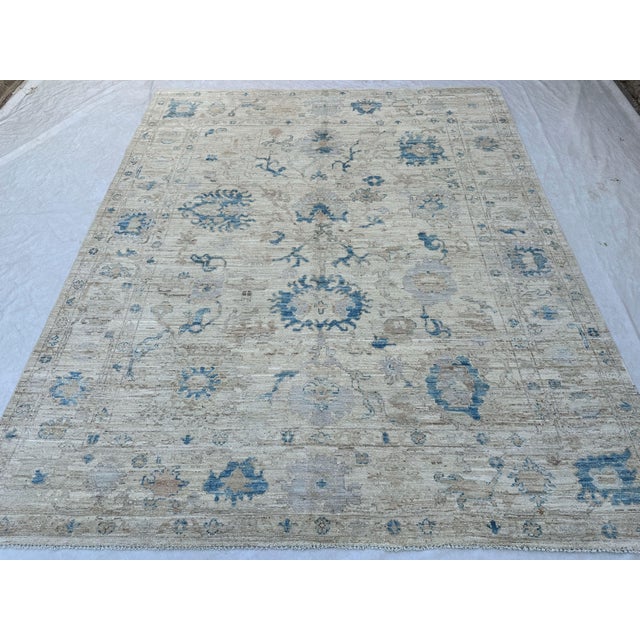 Oushak Handmade Wool Rug in Cream and Light Blue For Sale - Image 6 of 11